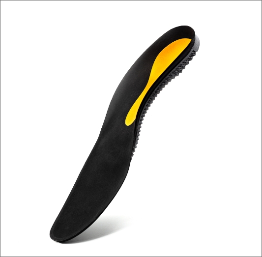 Side profile view of the comfort orthotic, specifically designed for everyday shoes or semi-orthopedic shoes, catering to individuals with an average foot width.