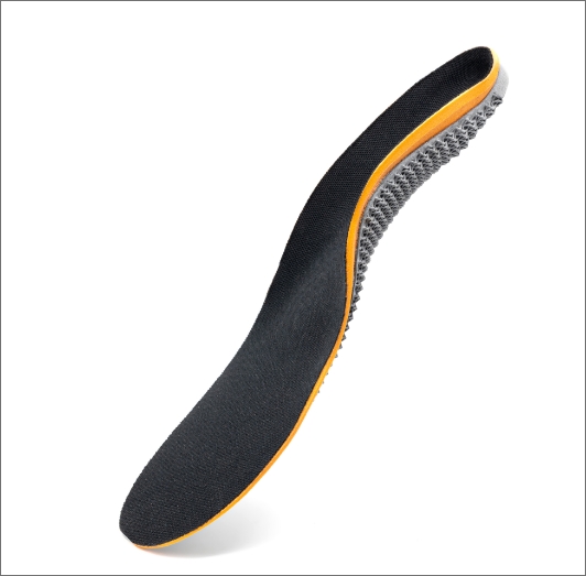 Side profile view of the cycling orthotic, a full-length orthotic engineered to optimize power transfer from the forefoot to the pedal, making it ideal for cycling enthusiasts.