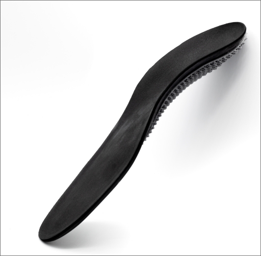 Side profile view of the soccer orthotic, designed for stability with a narrow profile, suitable for use in turf and track sports.