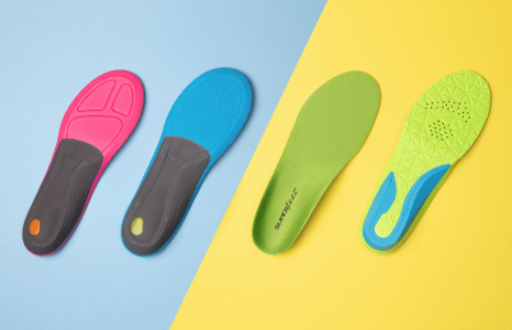 Top down view of Run Women's Support insole, Run Support Medium Arch insole, All-Purpose Support High Arch insole, and FLEXthin insole