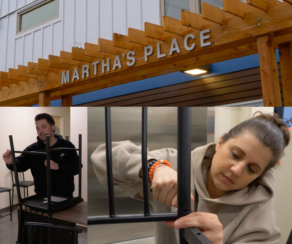 A photo collage showing the front of a building with a sign that says "Martha's Place" and two Superfeet employees assembling furniture.