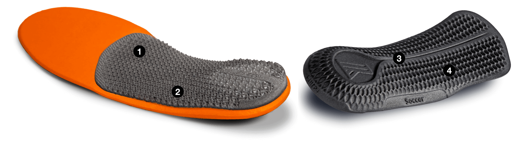 An image revealing the reverse side of two distinct custom orthotics, emphasizing their unique characteristics including stiffness, structural design, and personalized features.
