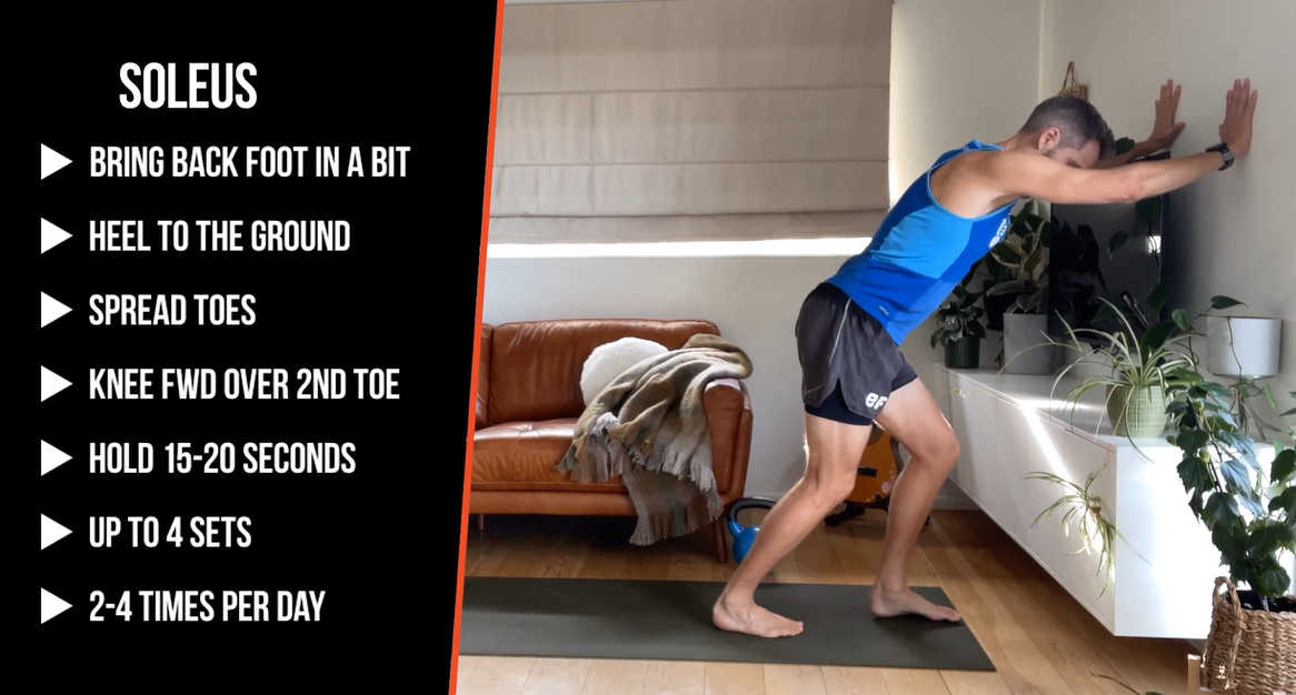 Runner demonstrates a calf stretch with written instruction overlay on screen