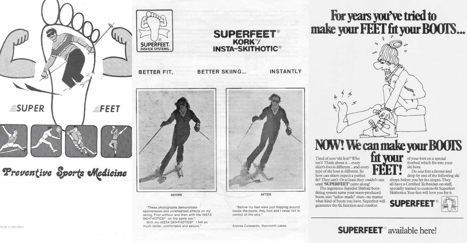 A collage of three Superfeet advertisements from the late 70s and early 80s featuring retro images of skiers