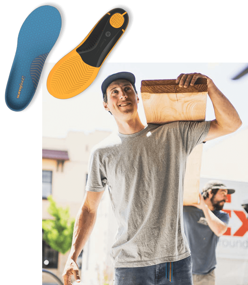mobile version Collage with top down view of the top and bottom of a pair of Superfeet Work insoles and a young man carrying a box on his left shoulder