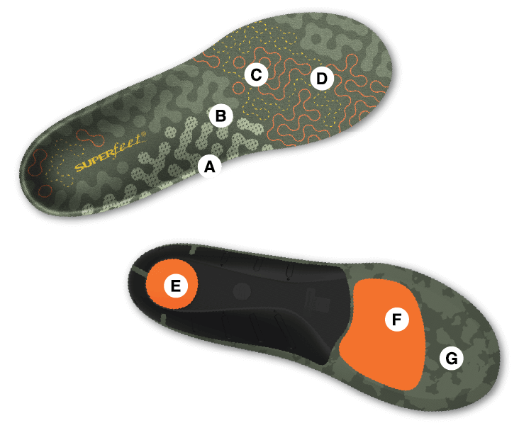 Top down view of top and bottom of pair of Hike Cushion insoles with A through G letter highlights