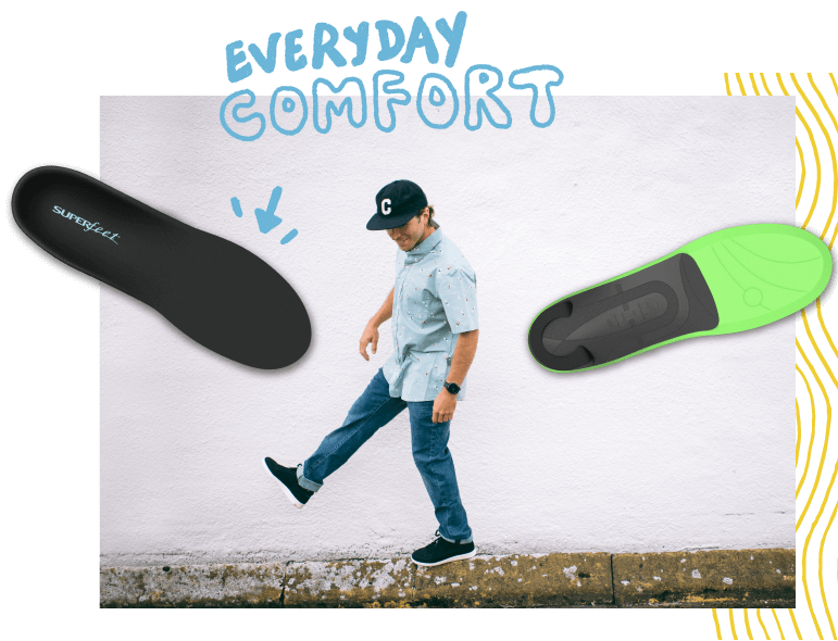 Two Superfeet insoles shown with text that reads, “everyday comfort”