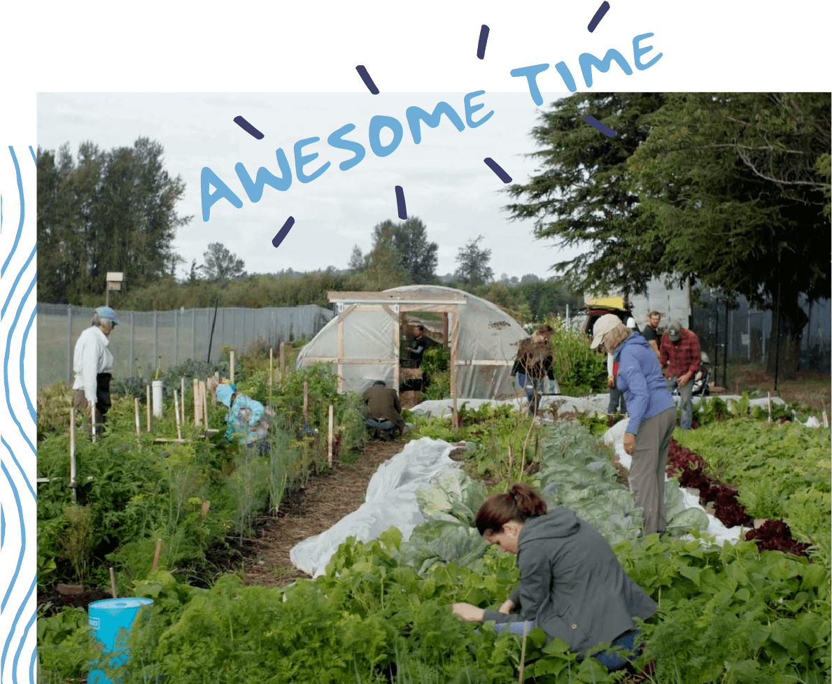 Superfeet employees working together in a community garden with the words, "Awesome time" overlaid