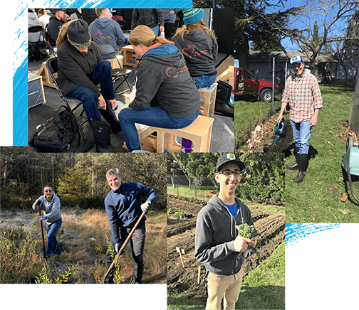 Collage of images showing Superfeet employees giving back to their community by participating in shoe fittings and community gardening