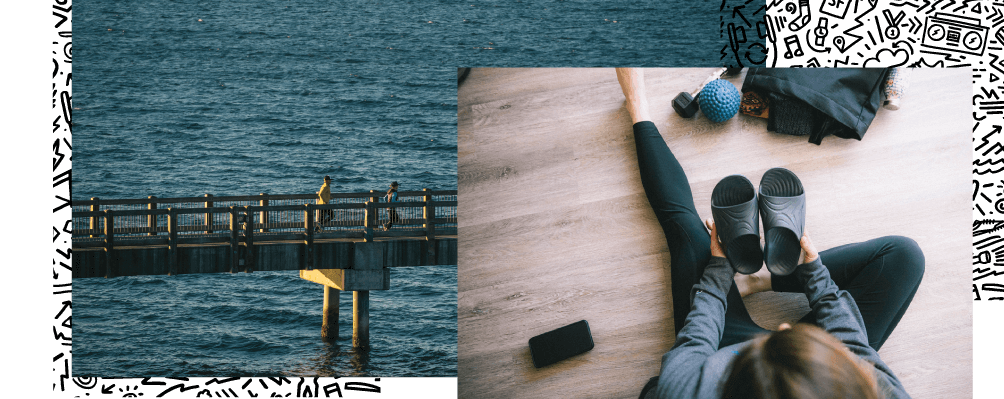 Collage of person running on boardwalk with image of person sitting on the floor with a pair of shoes