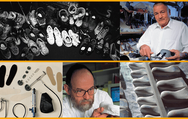 Collage including Superfeet founders Dennis Brown and Dr. Chris Smith with images of orthotic molds, ski boot expander tools, and an assortment of footwear