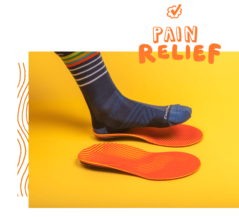 Superfeet RUN Pain Relief insoles shown with text that reads, “pain relief”
