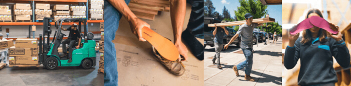 Mobile collage of a person driving a forklift, a person installing Superfeet All-Purpose High Impact Support in workboots, two people carrying lumber on their shoulders, and a person holding a pair of Superfeet All-Purpose Women's High Impact Support