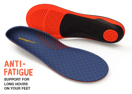 Image of a pair of Superfeet Work Cushion insoles with text, Anti-fatigue for long hours on your feet