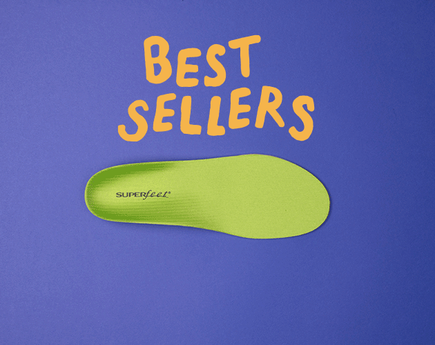 Hand drawn Best Sellers text over the left footed All-Purpose Support High Arch Insole with five star GIF below