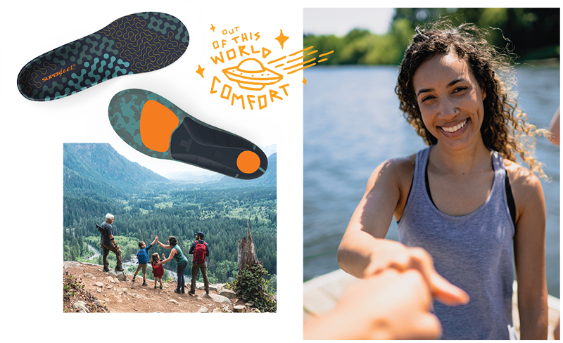 Collage of images and illustrations. On left at top a pair of Superfeet Run Cushion High Arch and a flying saucer illustration with out of this world in text. A family of hikers taking in a scenic view. On right a young person giving a fist bump